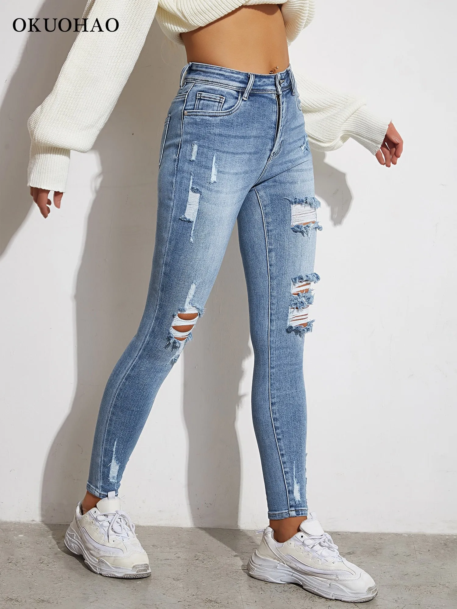 ModStreet Stylish Light Blue Ripped Distressed Jeans Slim/Tight Fit Stretch Material