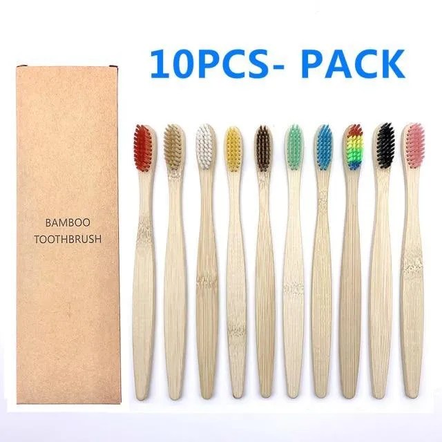 Natural Bamboo Toothbrush 10PCS Colorful Set