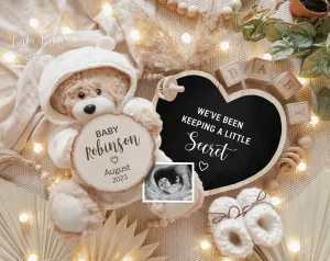 Neutral Pregnancy Announcement Digital - Teddy Bear & Heart