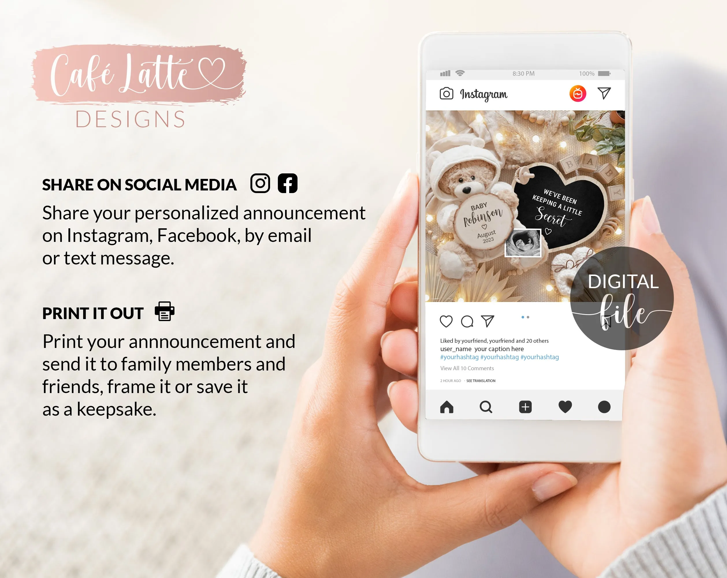 Neutral Pregnancy Announcement Digital - Teddy Bear & Heart