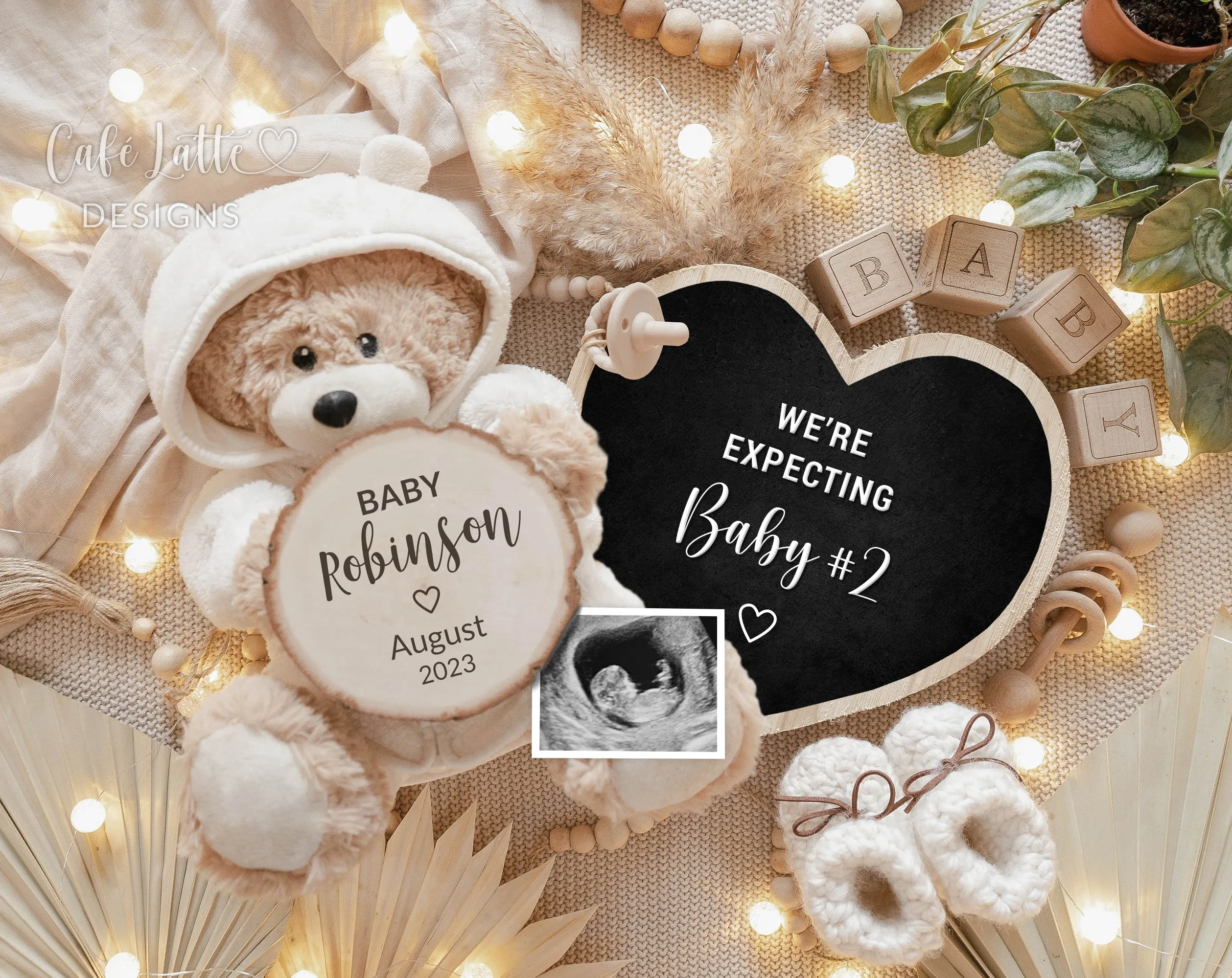Neutral Pregnancy Announcement Digital - Teddy Bear & Heart