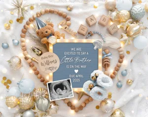 New Years Baby Boy Digital Gender Reveal - Bear - Heart Blue Ornaments - Brother