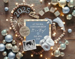 New Years Baby Boy Digital Gender Reveal - Heart Blue Ornaments - Countdown
