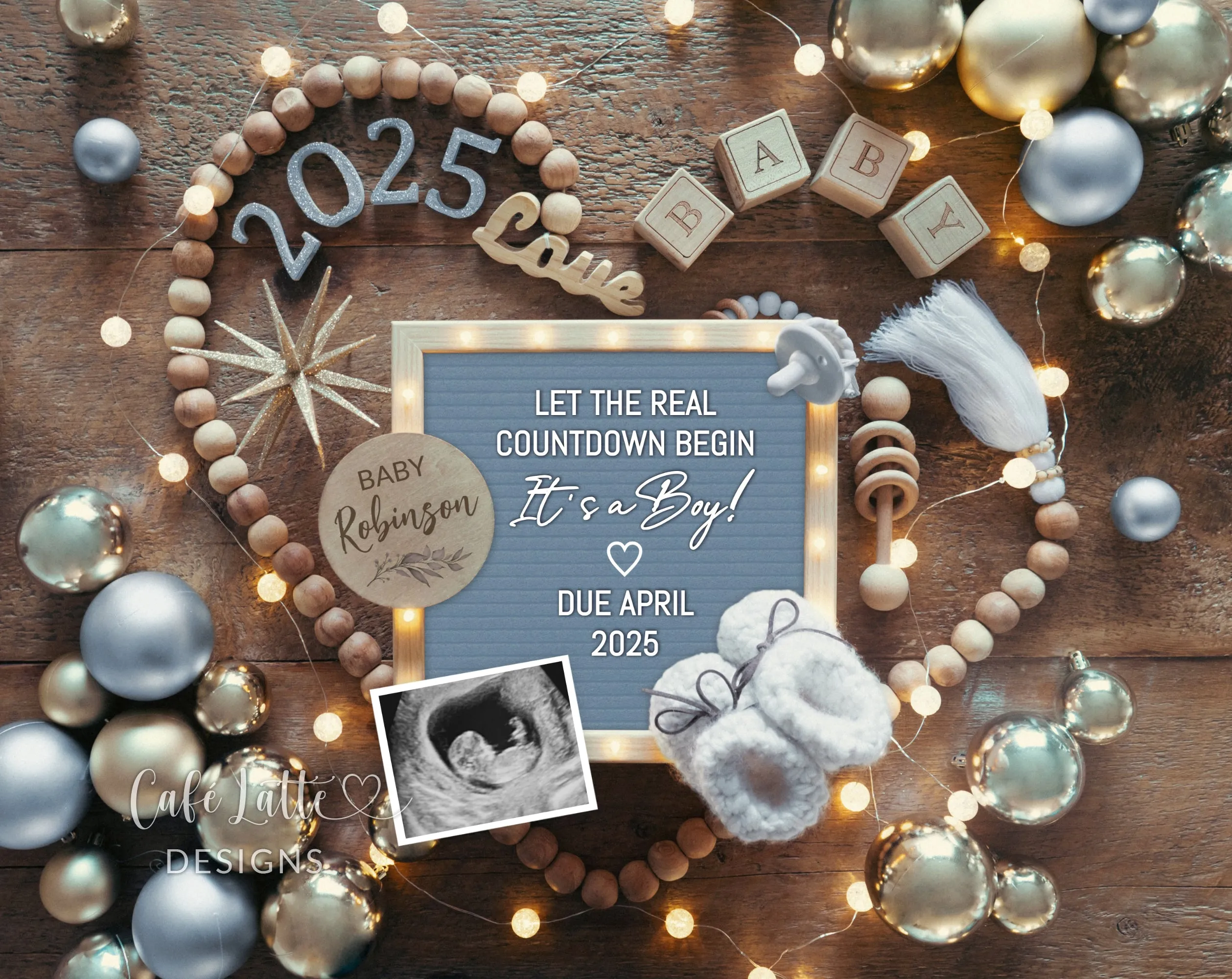 New Years Baby Boy Digital Gender Reveal - Heart Blue Ornaments - Countdown
