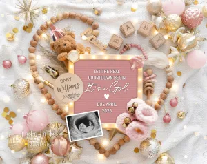 New Years Baby Girl Digital Gender Reveal - Bear - Heart Gold Ornaments - Countdown