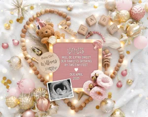 New Years Baby Girl Digital Gender Reveal - Bear - Heart Gold Ornaments