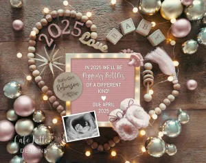 New Years Baby Girl Digital Gender Reveal - Heart Gold Ornaments - Bottles