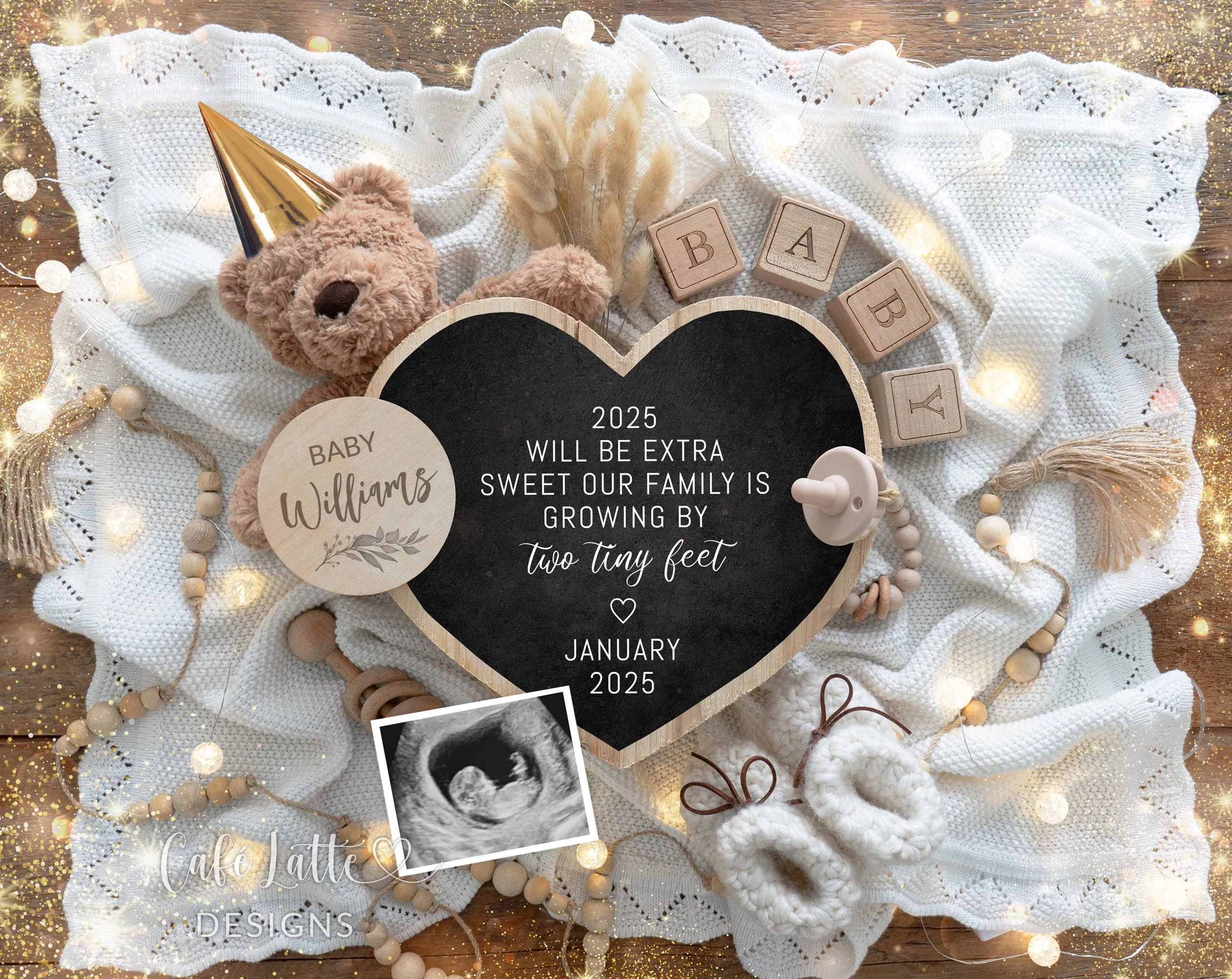 New Years Digital Baby Announcement - Bear Gold Hat