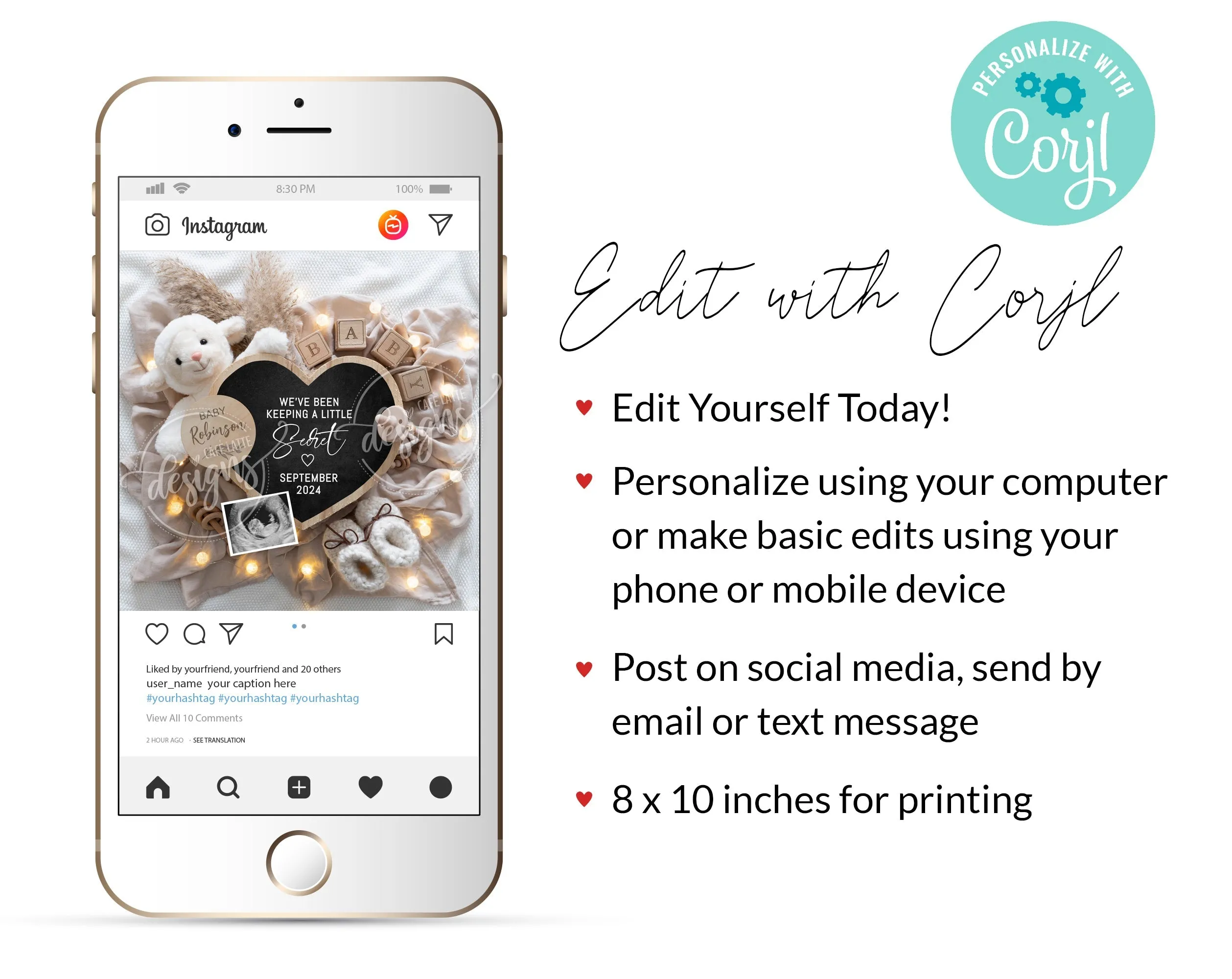 New Years Digital Baby Announcement - Gold Heart
