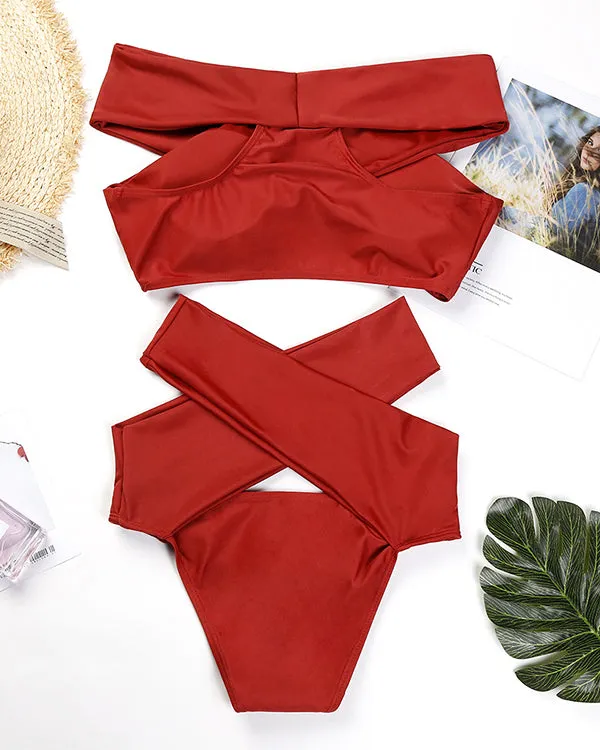 Off Shoulder Cross High Waisted Bikini Sets