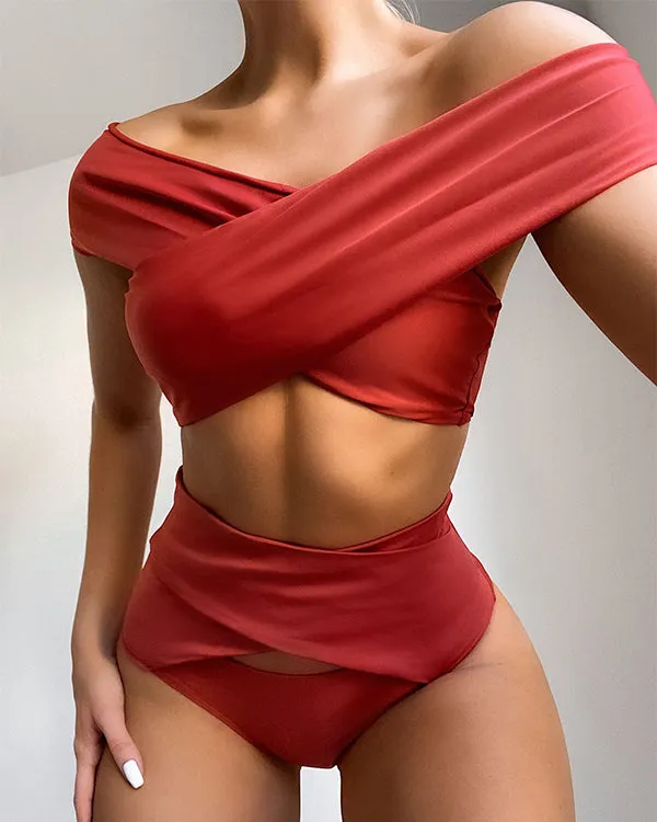 Off Shoulder Cross High Waisted Bikini Sets