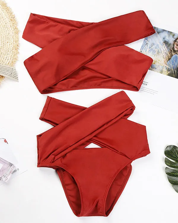 Off Shoulder Cross High Waisted Bikini Sets