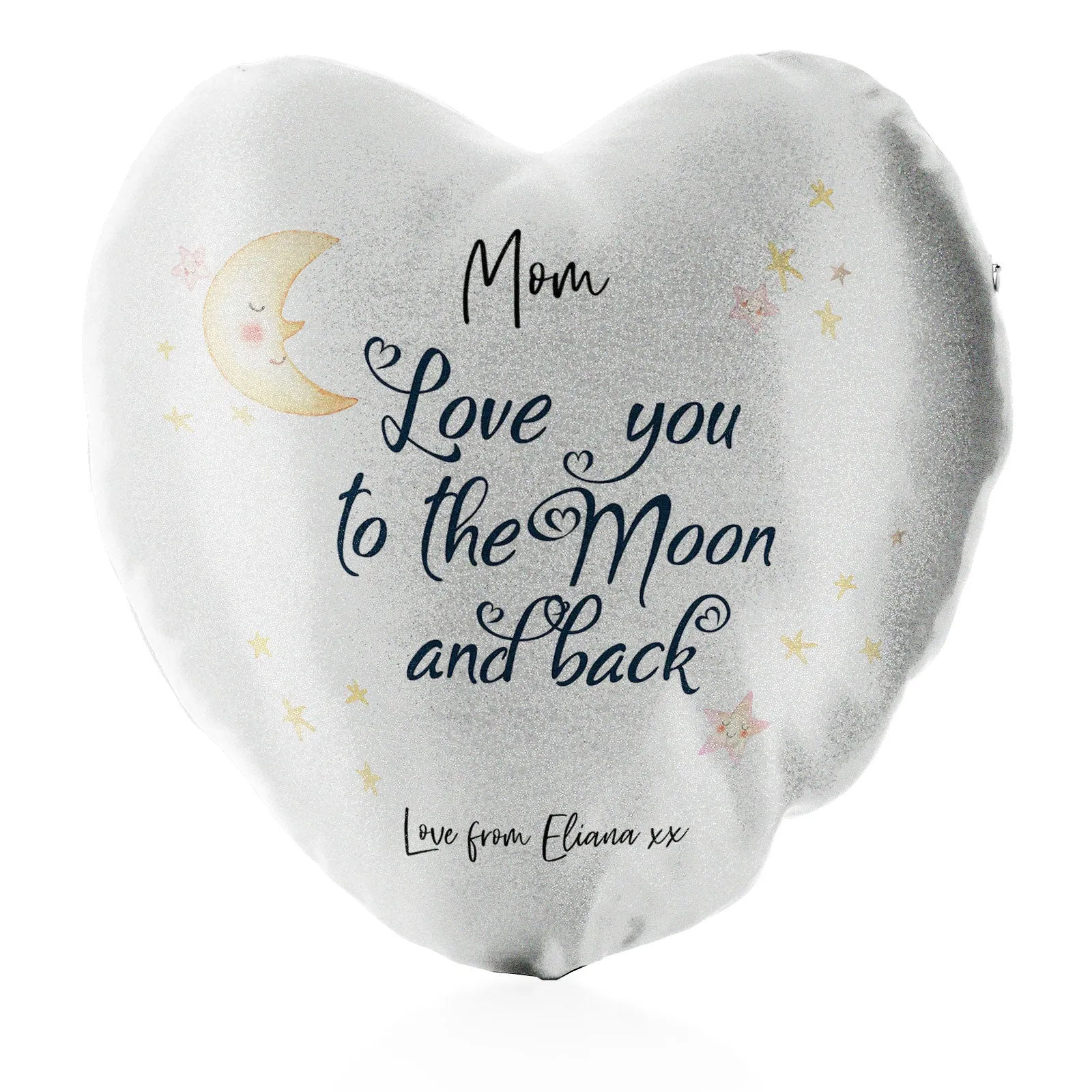 Personalised Glitter Heart Cushion with Stylish Text and Moon Love Message