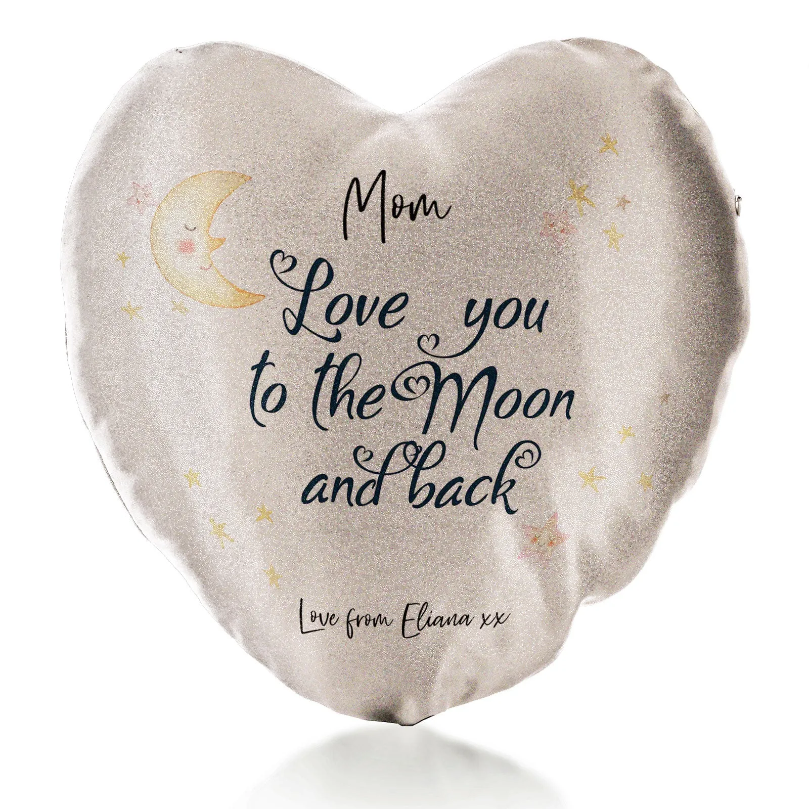 Personalised Glitter Heart Cushion with Stylish Text and Moon Love Message