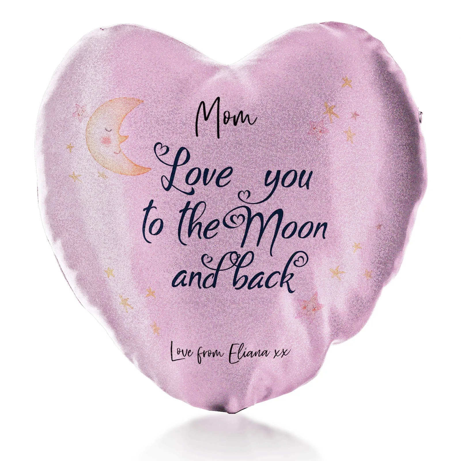 Personalised Glitter Heart Cushion with Stylish Text and Moon Love Message