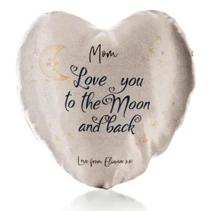 Personalised Glitter Heart Cushion with Stylish Text and Moon Love Message