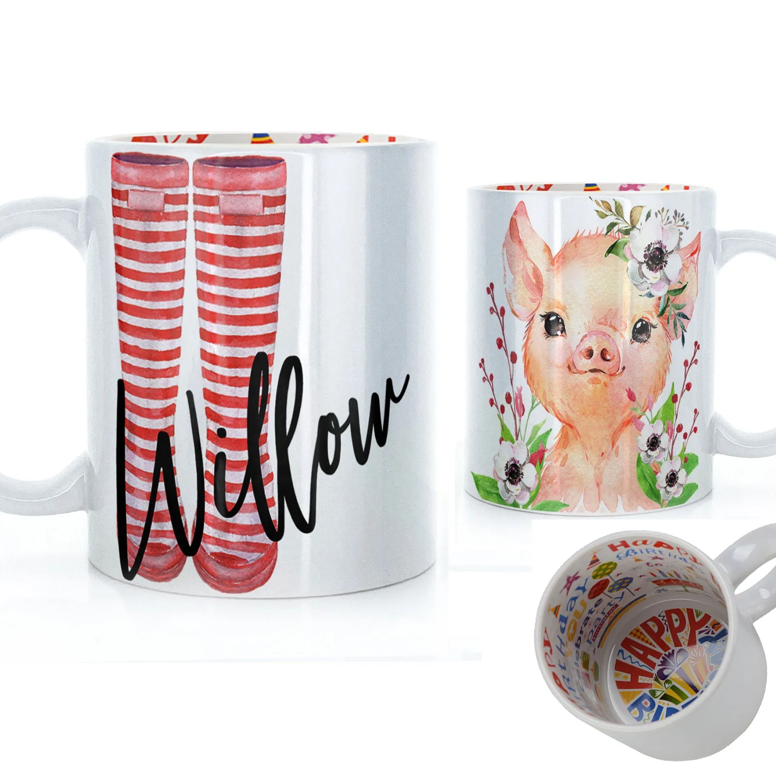 Personalised Mug with Stylish Text and White Flower Pig & Red Striped Wellies