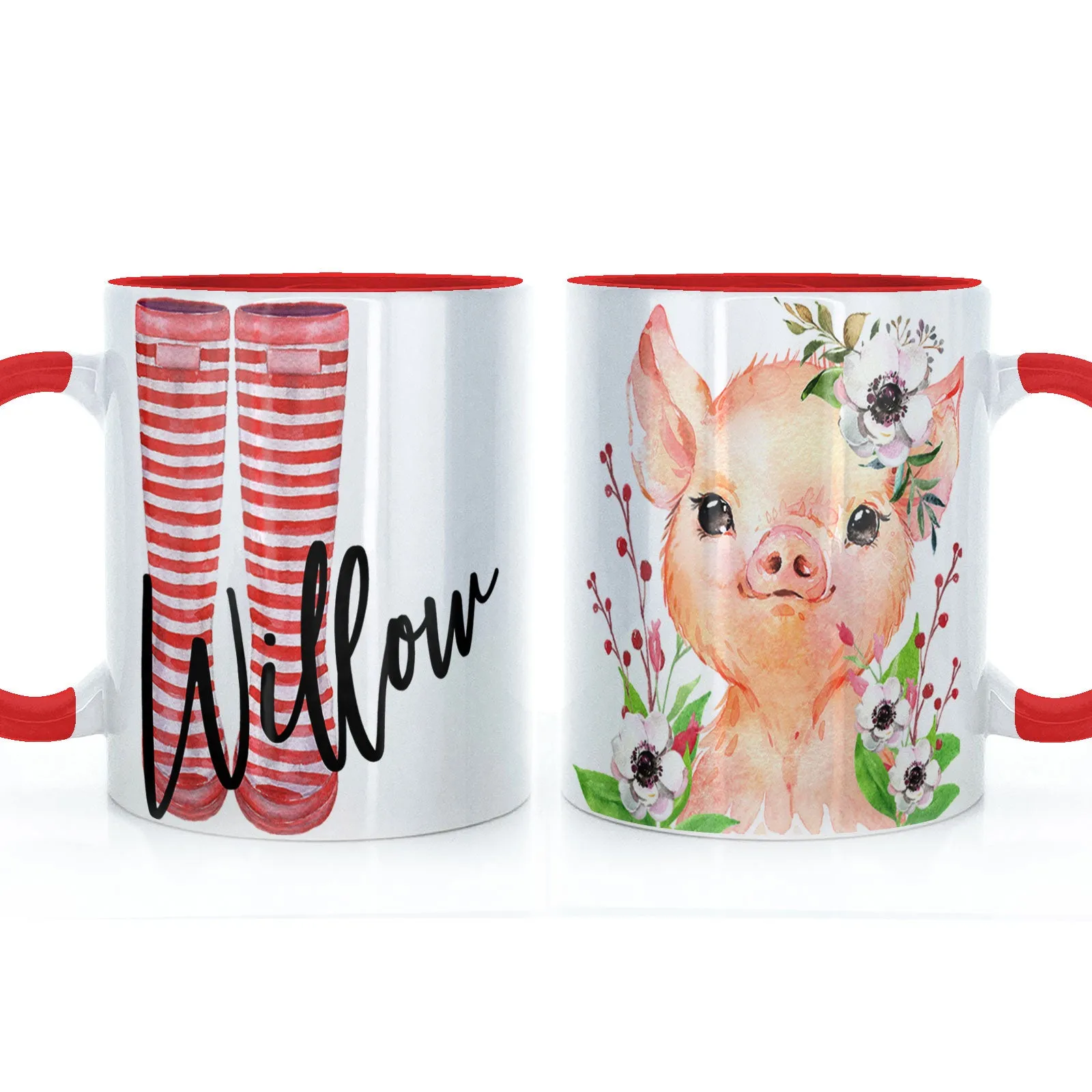 Personalised Mug with Stylish Text and White Flower Pig & Red Striped Wellies