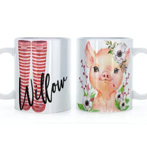 Personalised Mug with Stylish Text and White Flower Pig & Red Striped Wellies