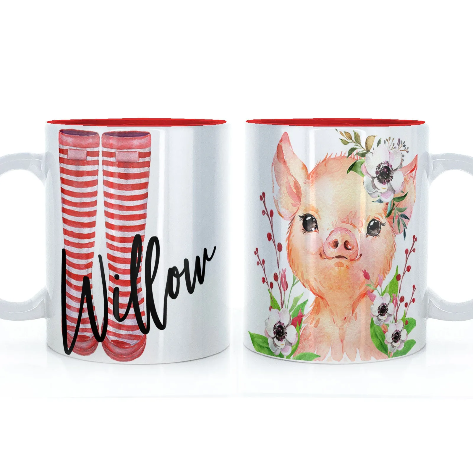 Personalised Mug with Stylish Text and White Flower Pig & Red Striped Wellies