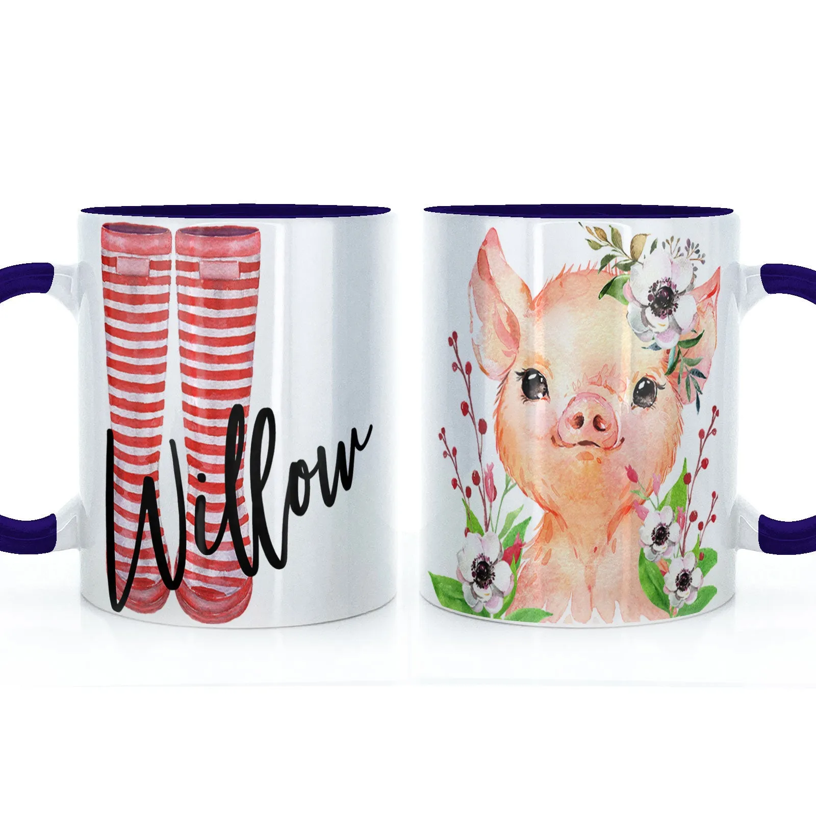 Personalised Mug with Stylish Text and White Flower Pig & Red Striped Wellies