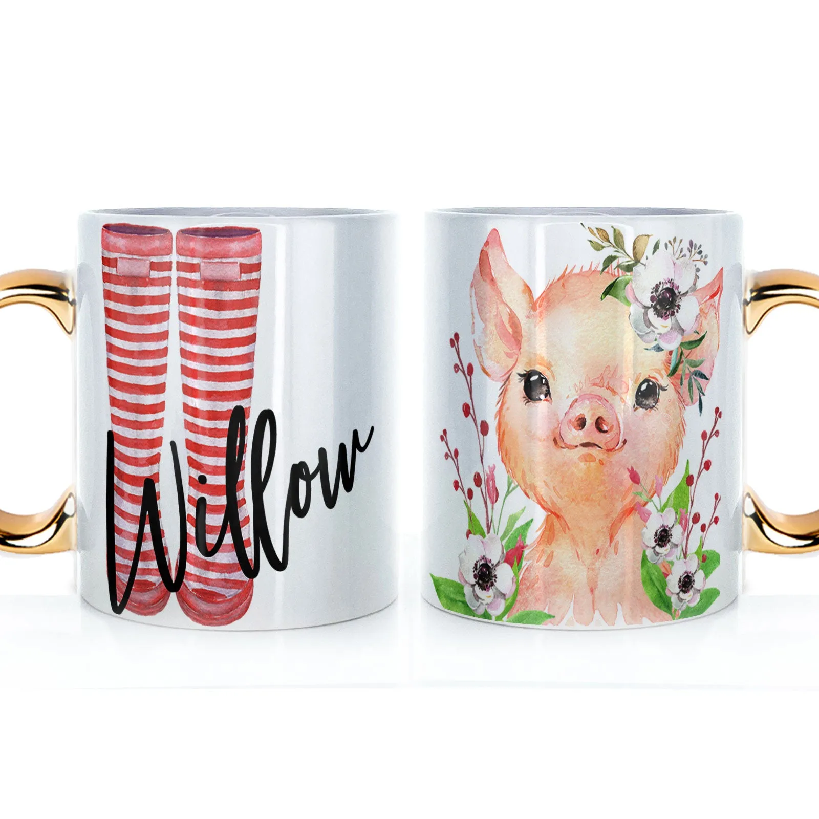 Personalised Mug with Stylish Text and White Flower Pig & Red Striped Wellies