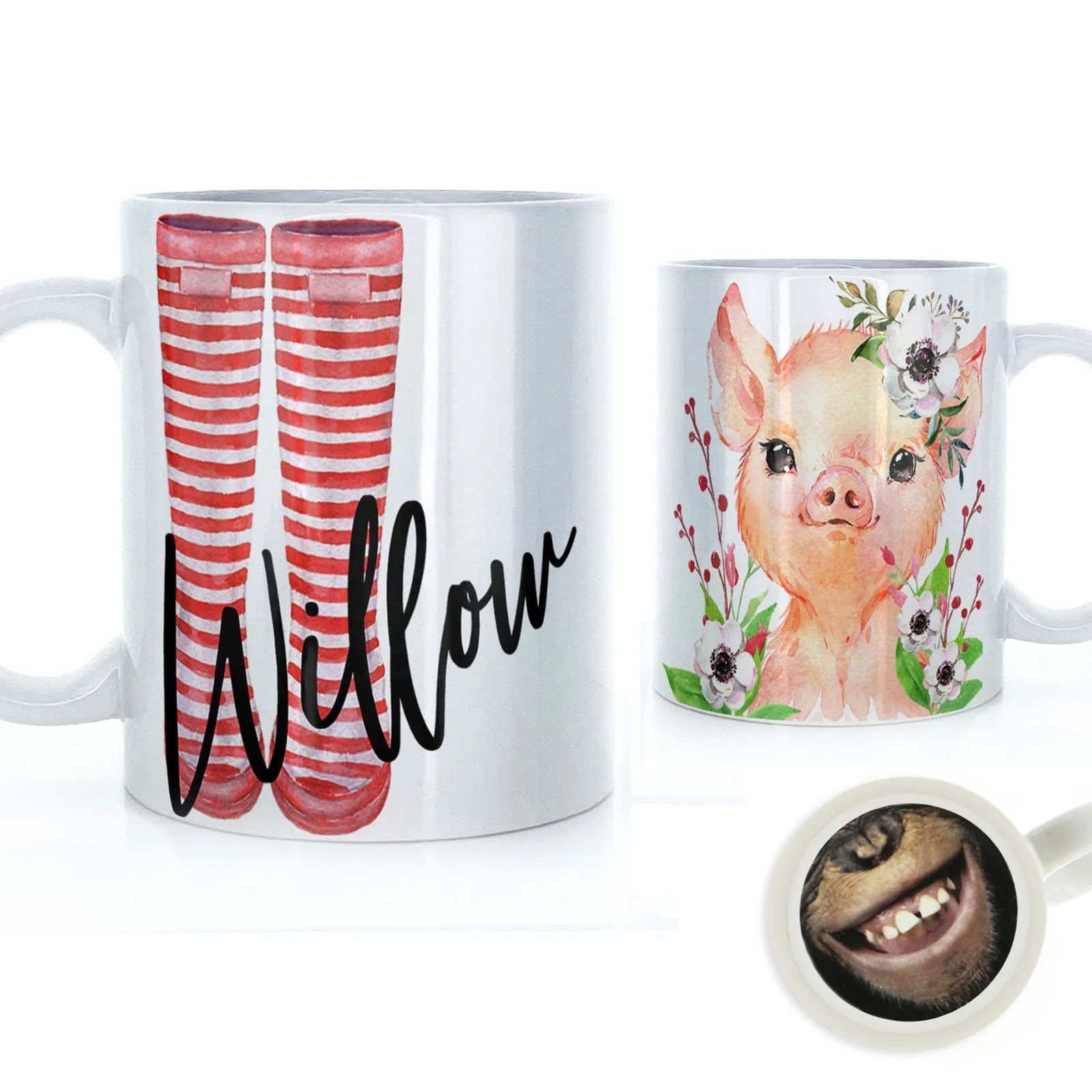 Personalised Mug with Stylish Text and White Flower Pig & Red Striped Wellies