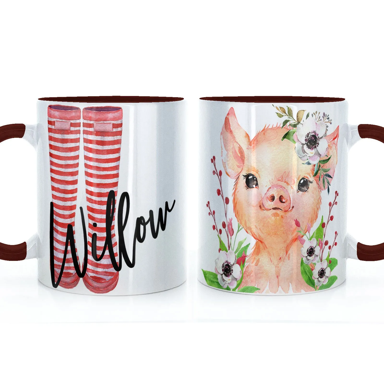 Personalised Mug with Stylish Text and White Flower Pig & Red Striped Wellies