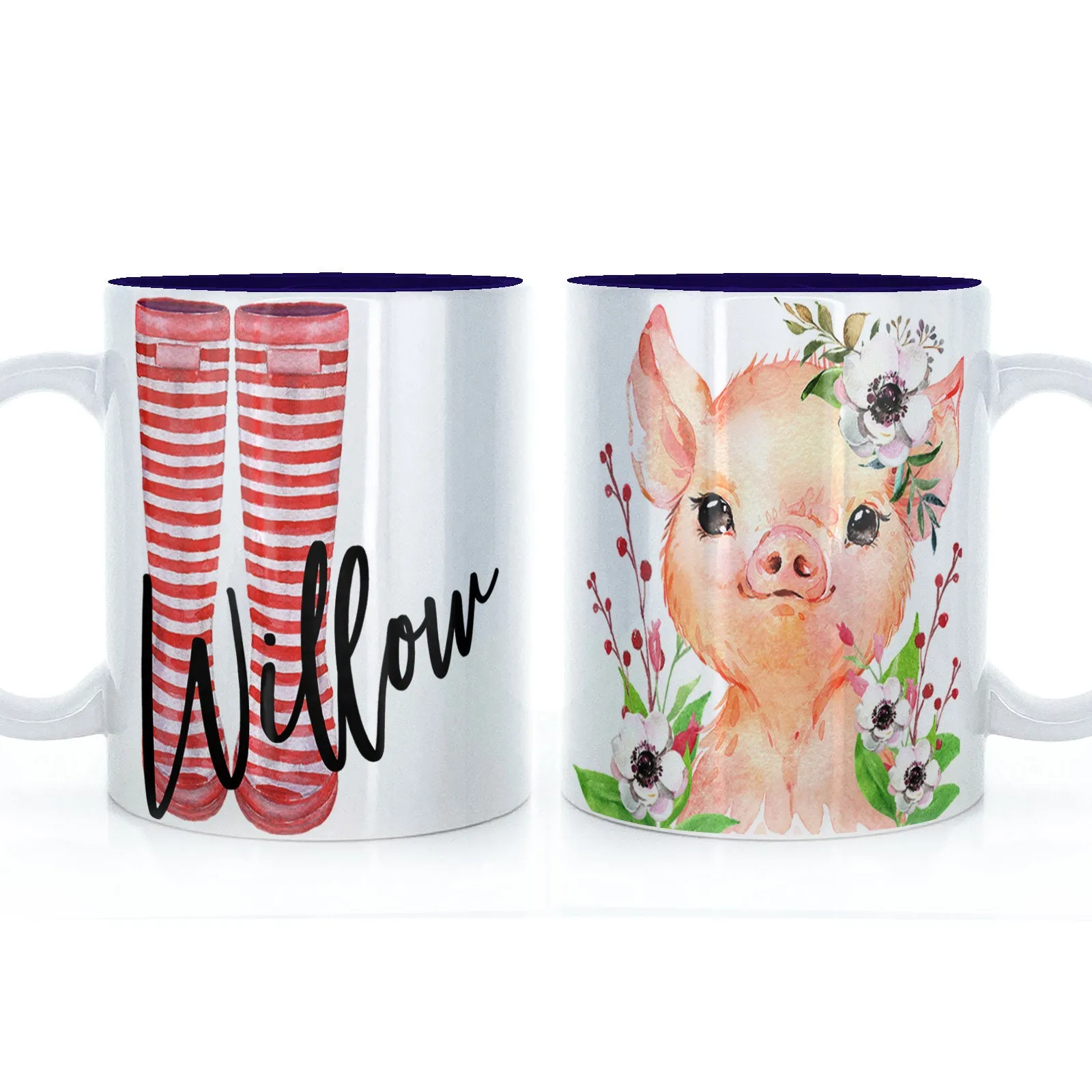 Personalised Mug with Stylish Text and White Flower Pig & Red Striped Wellies