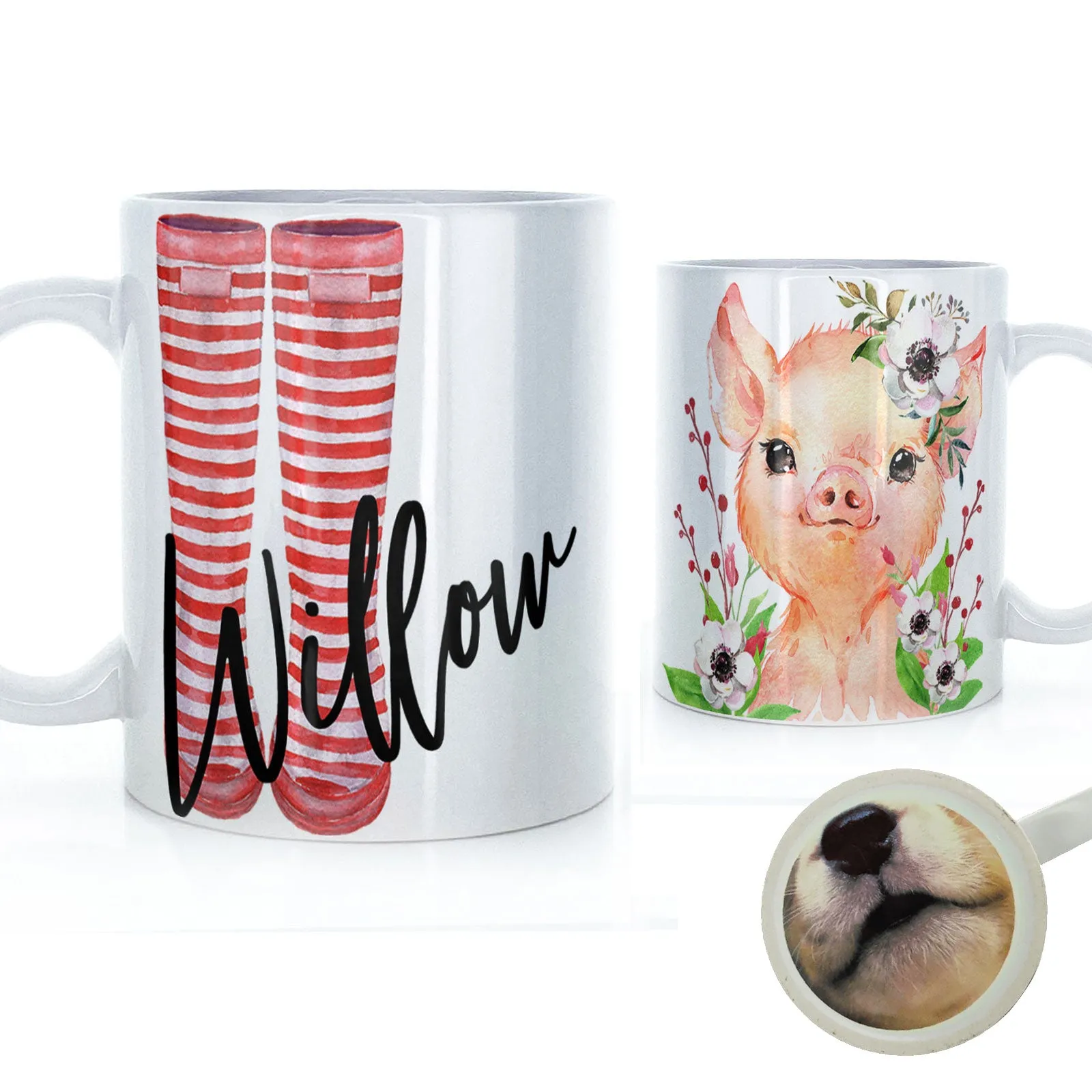 Personalised Mug with Stylish Text and White Flower Pig & Red Striped Wellies