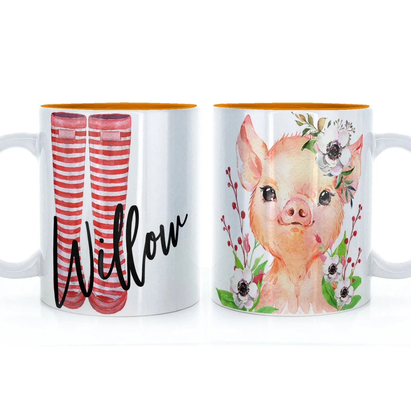 Personalised Mug with Stylish Text and White Flower Pig & Red Striped Wellies
