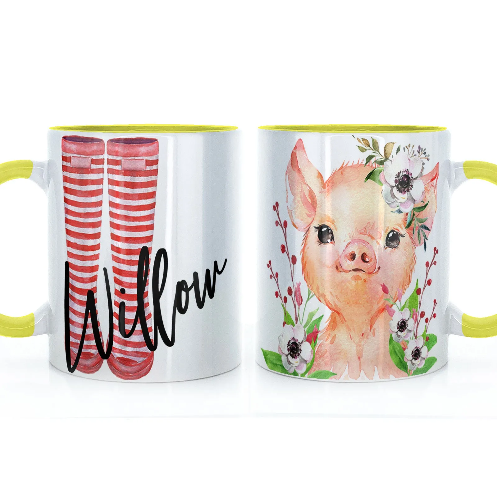 Personalised Mug with Stylish Text and White Flower Pig & Red Striped Wellies