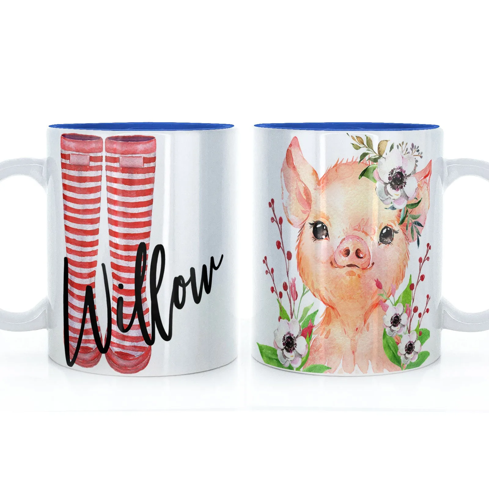 Personalised Mug with Stylish Text and White Flower Pig & Red Striped Wellies