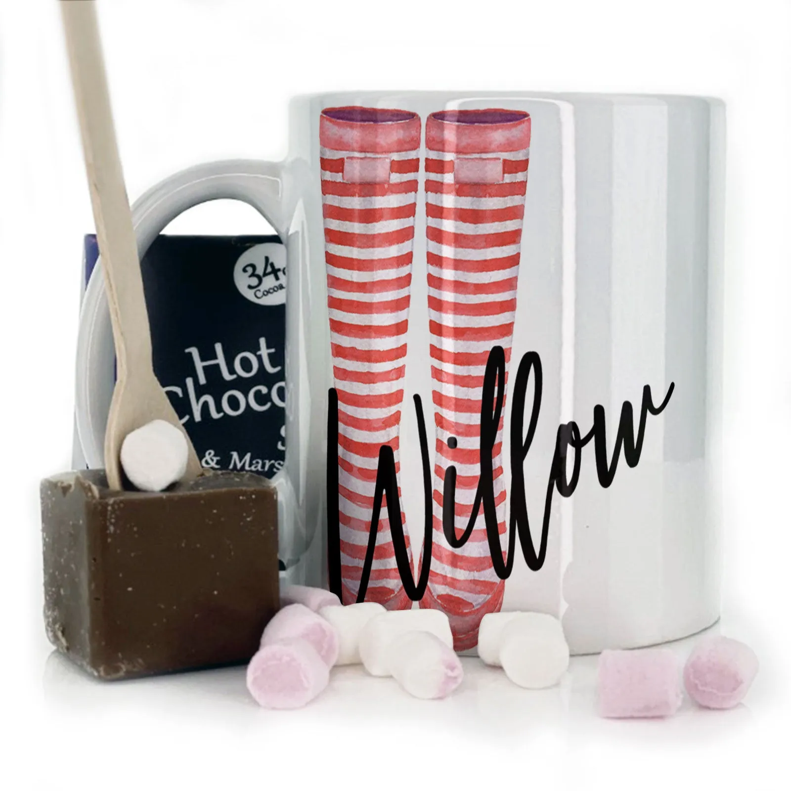 Personalised Mug with Stylish Text and White Flower Pig & Red Striped Wellies