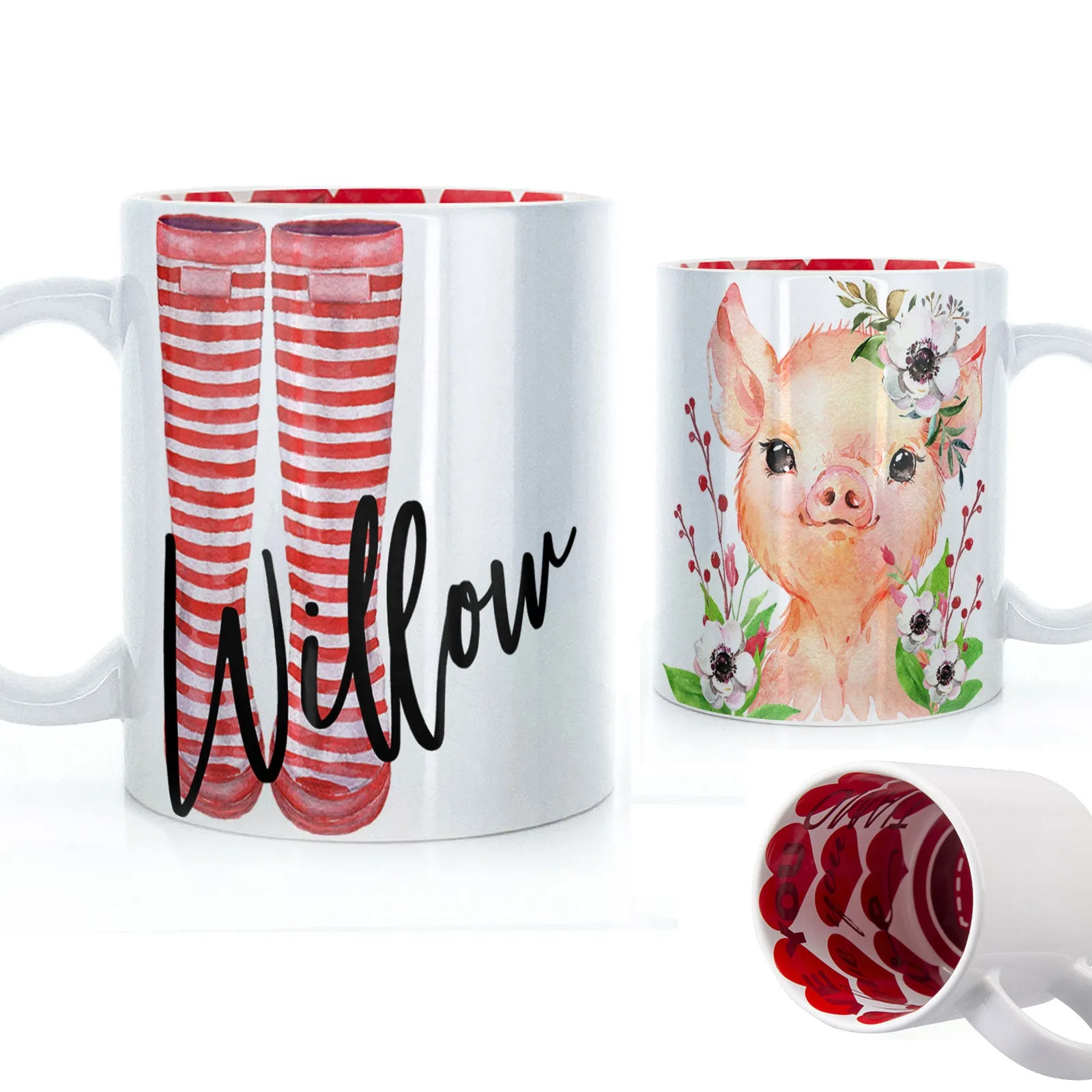 Personalised Mug with Stylish Text and White Flower Pig & Red Striped Wellies
