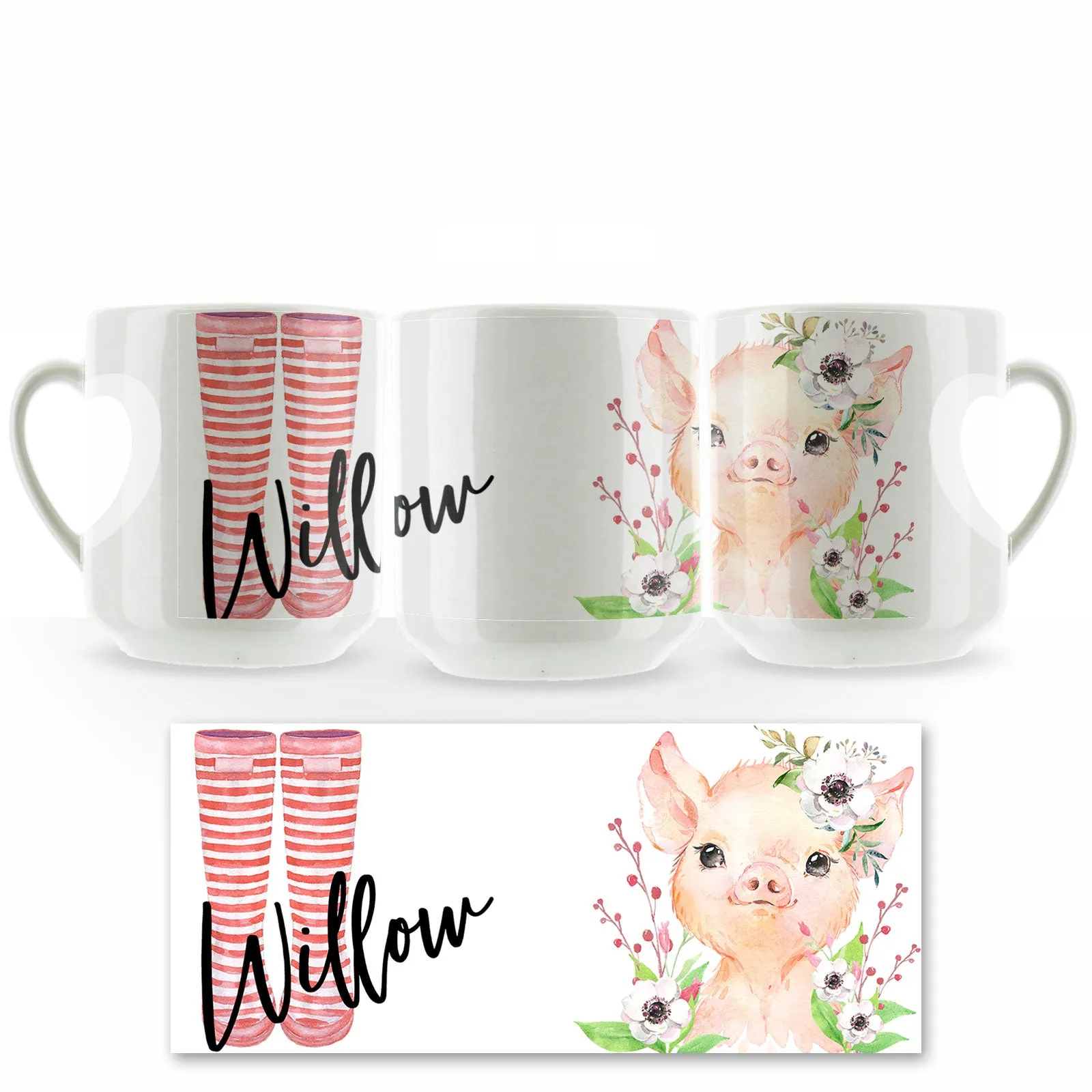 Personalised Mug with Stylish Text and White Flower Pig & Red Striped Wellies