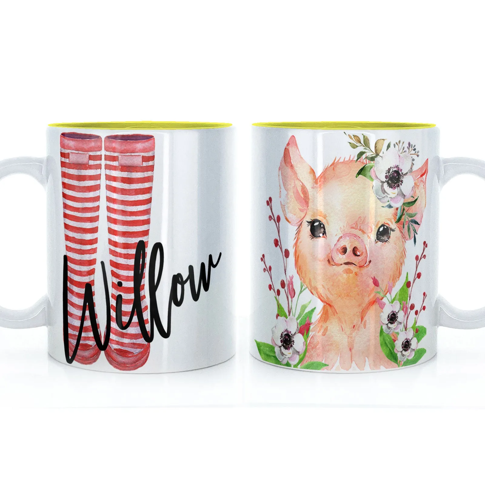 Personalised Mug with Stylish Text and White Flower Pig & Red Striped Wellies