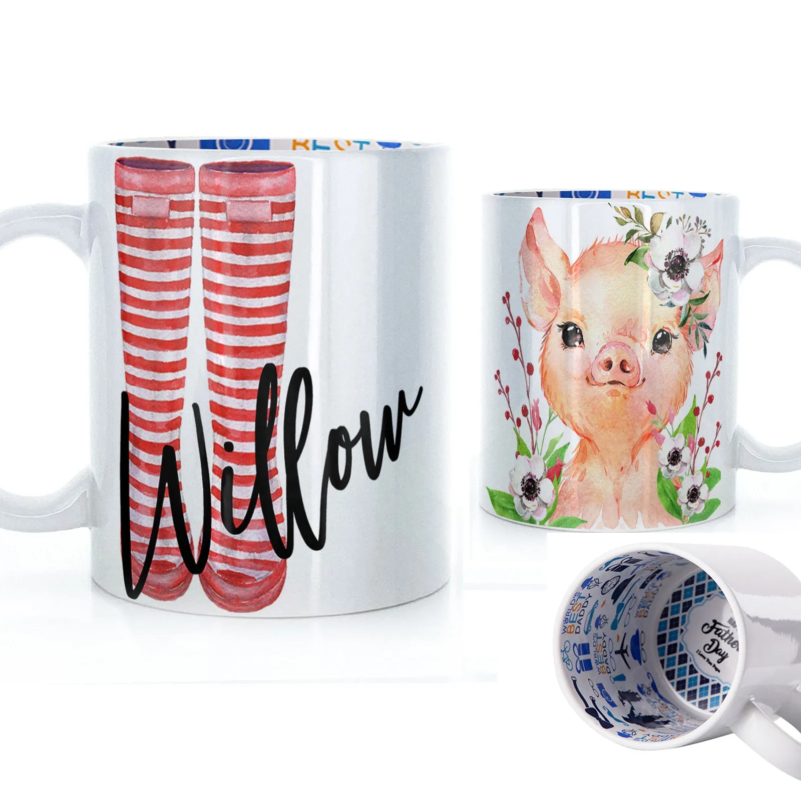 Personalised Mug with Stylish Text and White Flower Pig & Red Striped Wellies