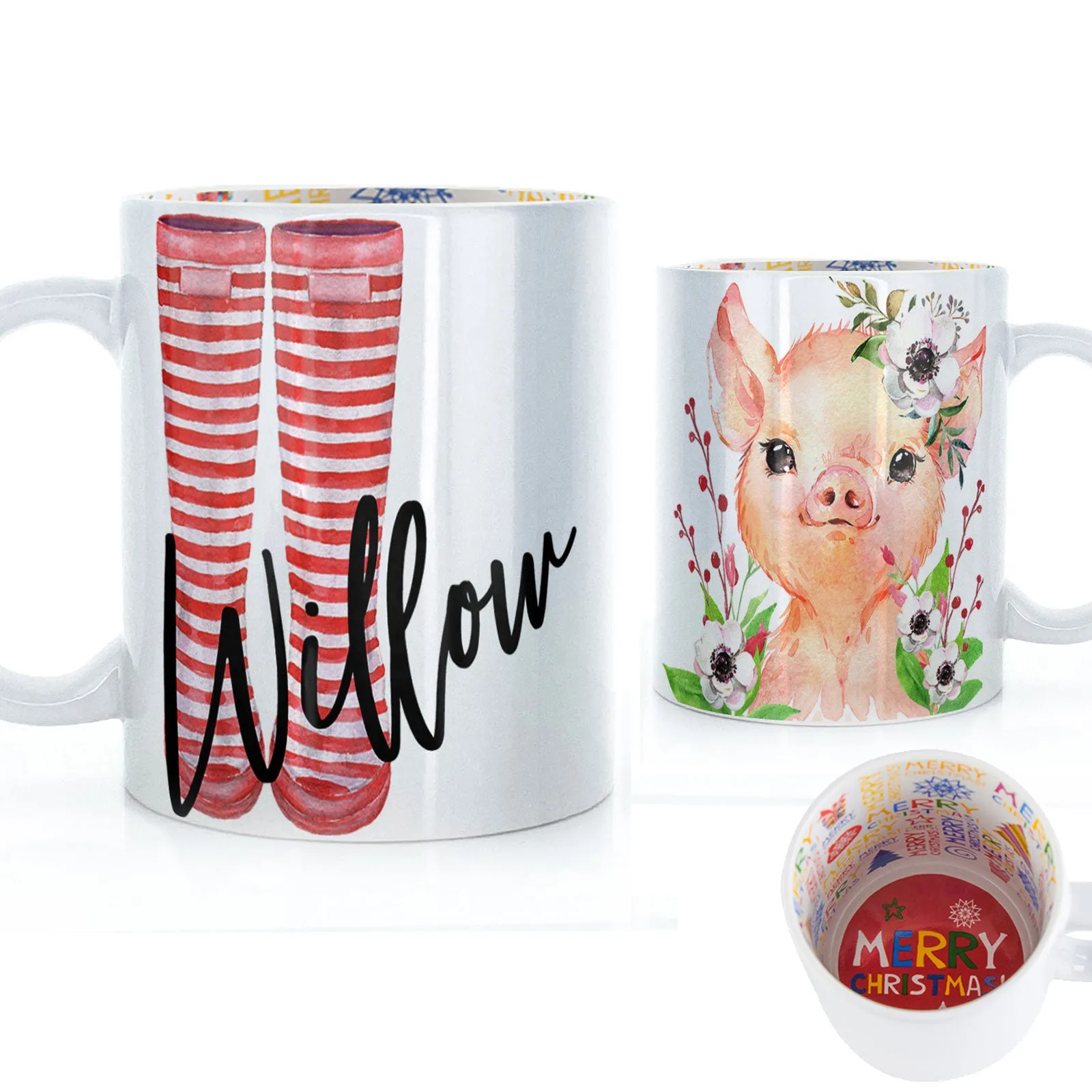 Personalised Mug with Stylish Text and White Flower Pig & Red Striped Wellies