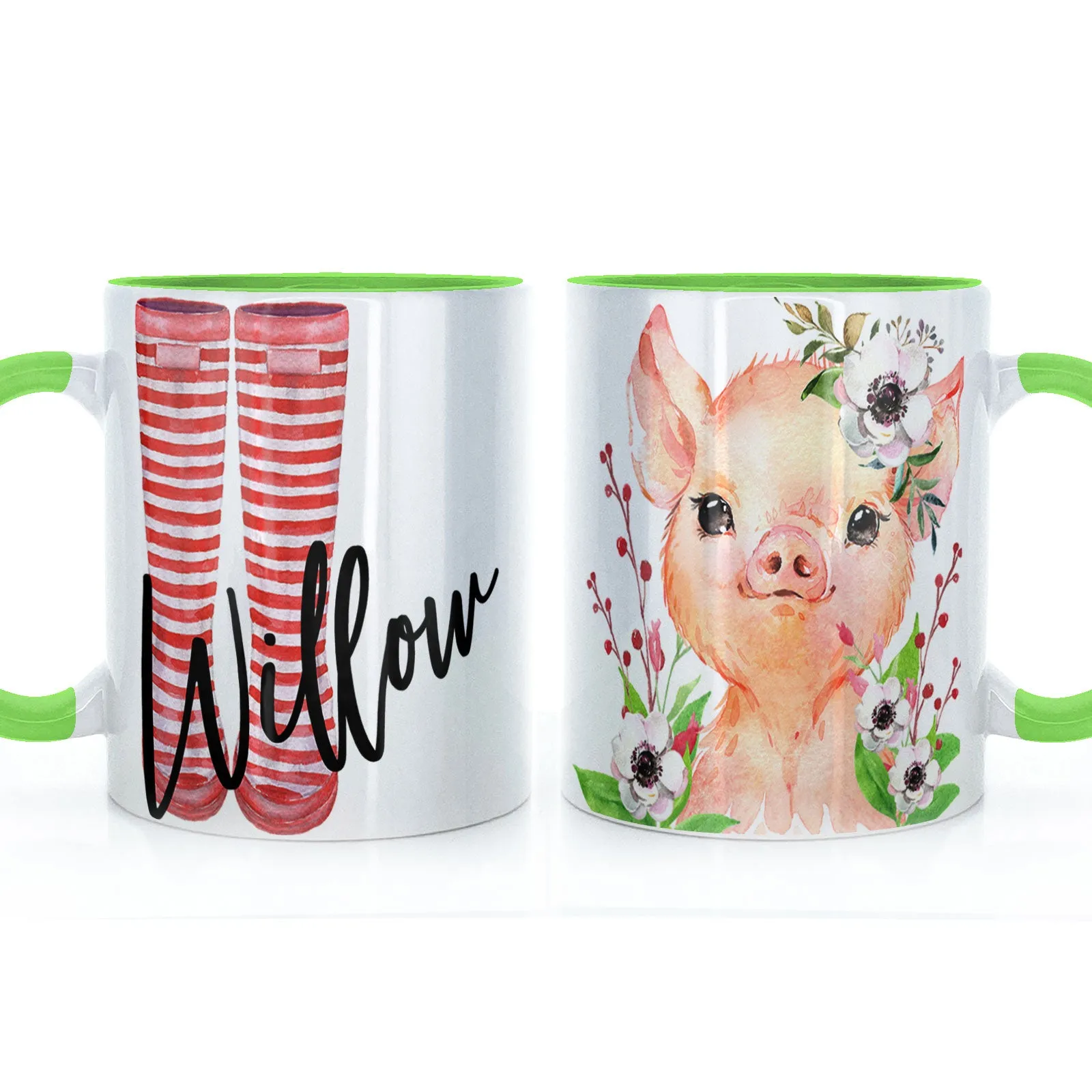 Personalised Mug with Stylish Text and White Flower Pig & Red Striped Wellies