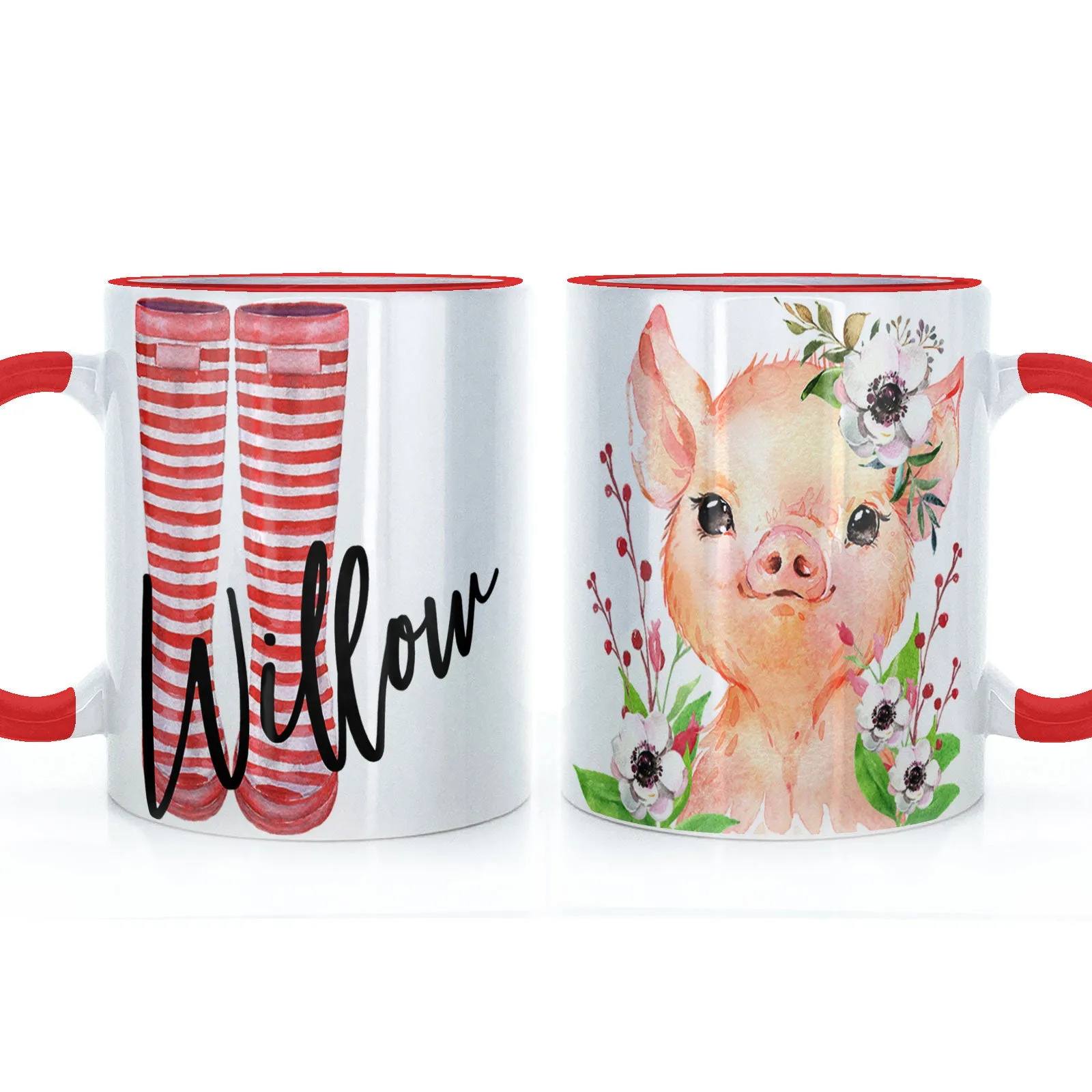 Personalised Mug with Stylish Text and White Flower Pig & Red Striped Wellies