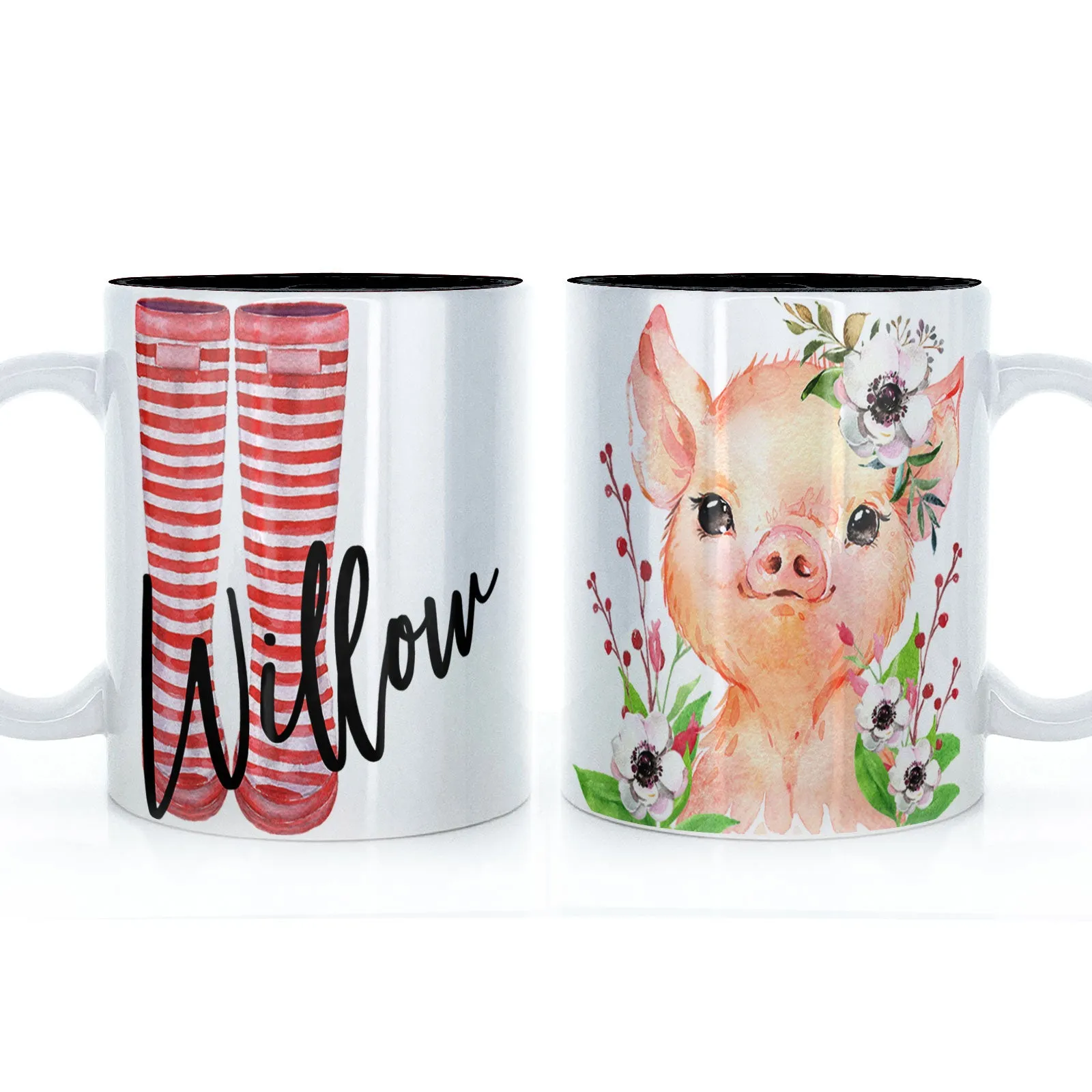 Personalised Mug with Stylish Text and White Flower Pig & Red Striped Wellies