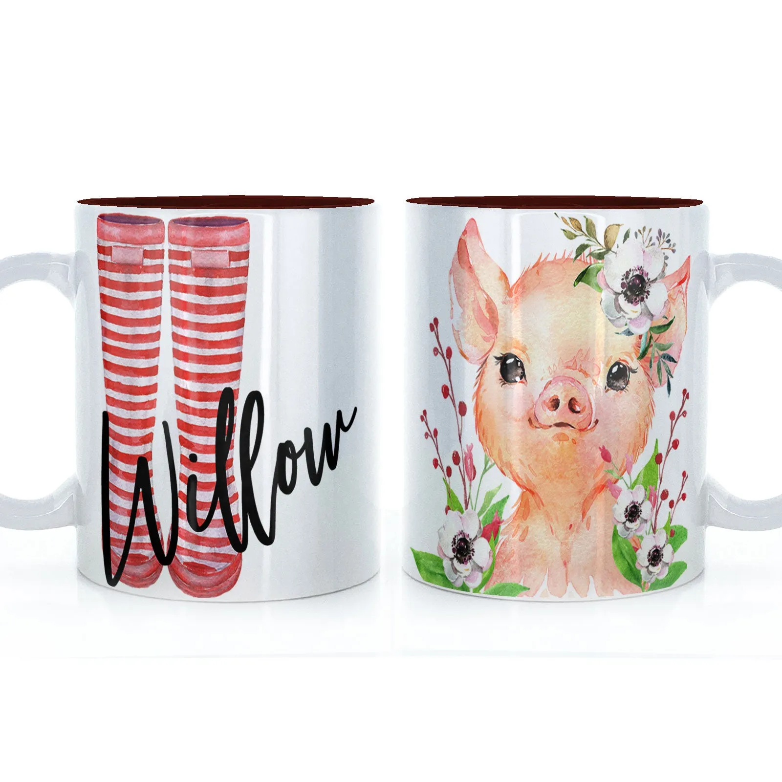 Personalised Mug with Stylish Text and White Flower Pig & Red Striped Wellies