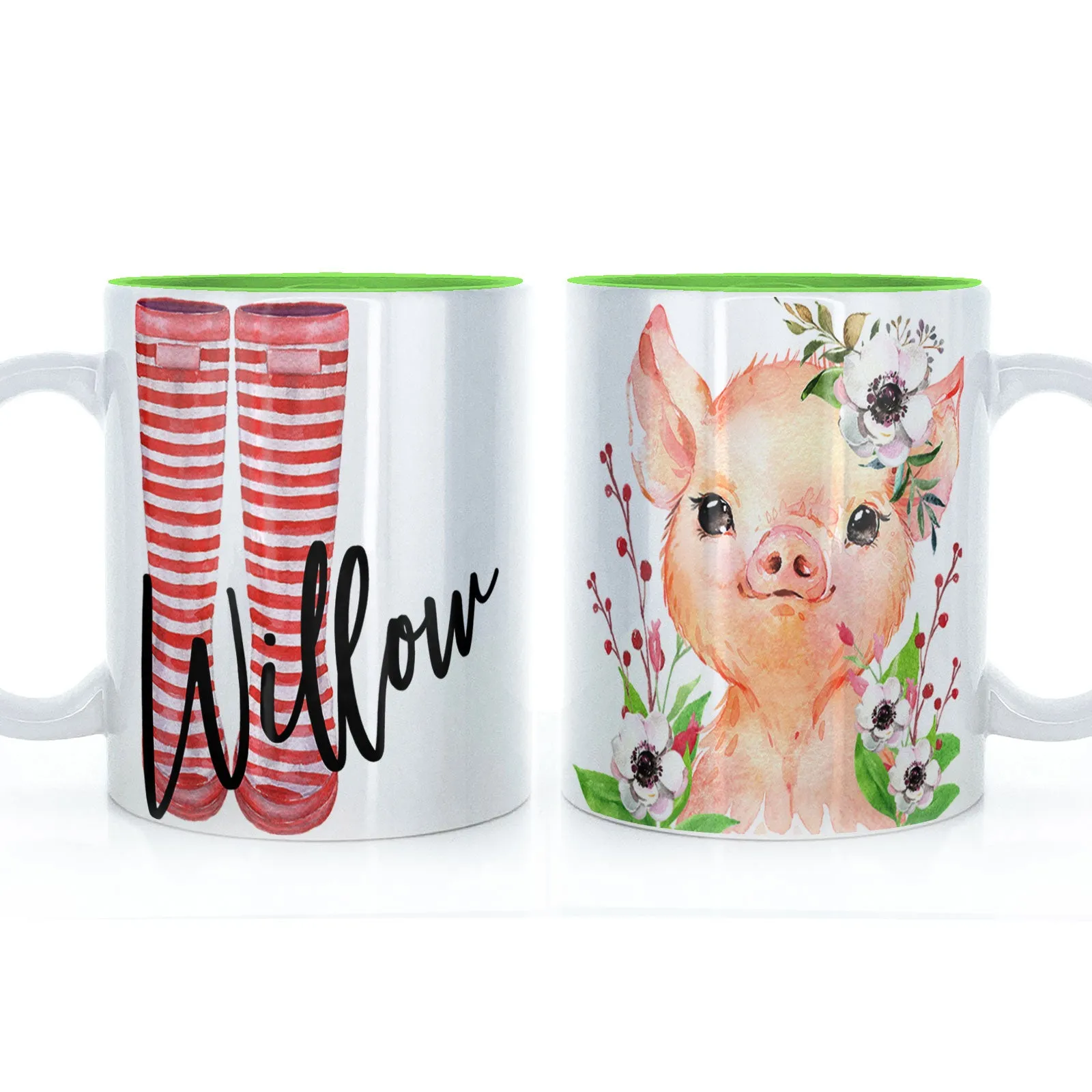 Personalised Mug with Stylish Text and White Flower Pig & Red Striped Wellies