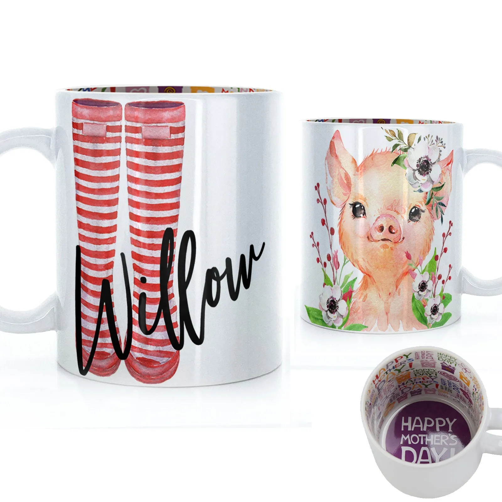 Personalised Mug with Stylish Text and White Flower Pig & Red Striped Wellies