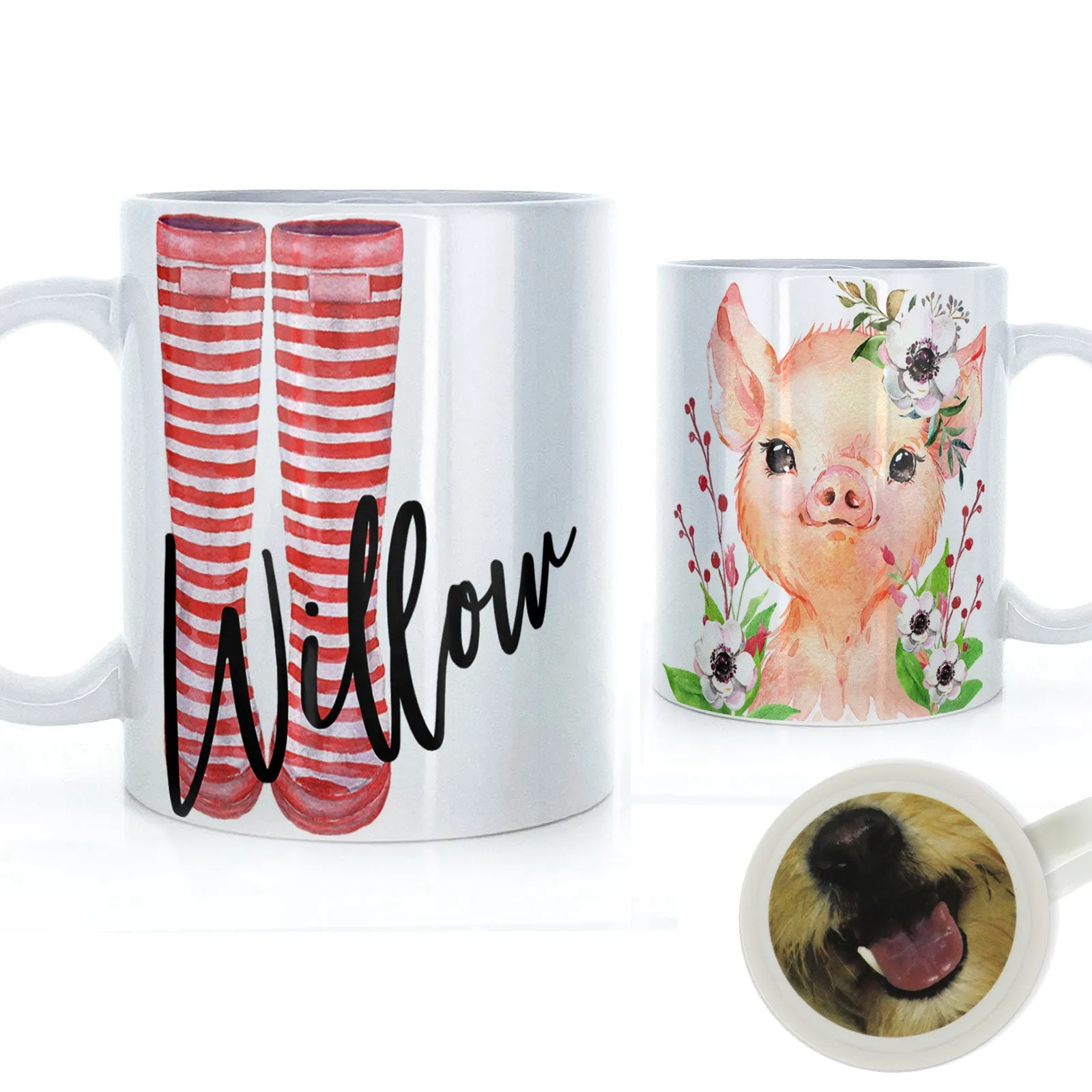 Personalised Mug with Stylish Text and White Flower Pig & Red Striped Wellies