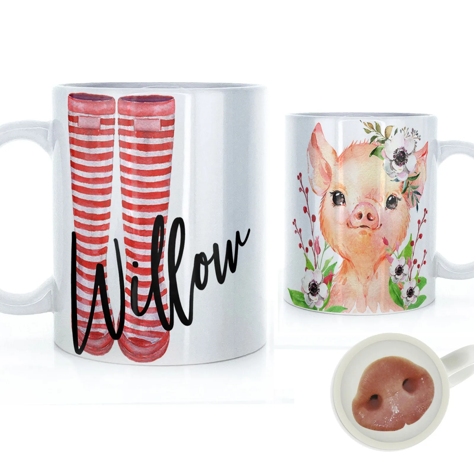Personalised Mug with Stylish Text and White Flower Pig & Red Striped Wellies