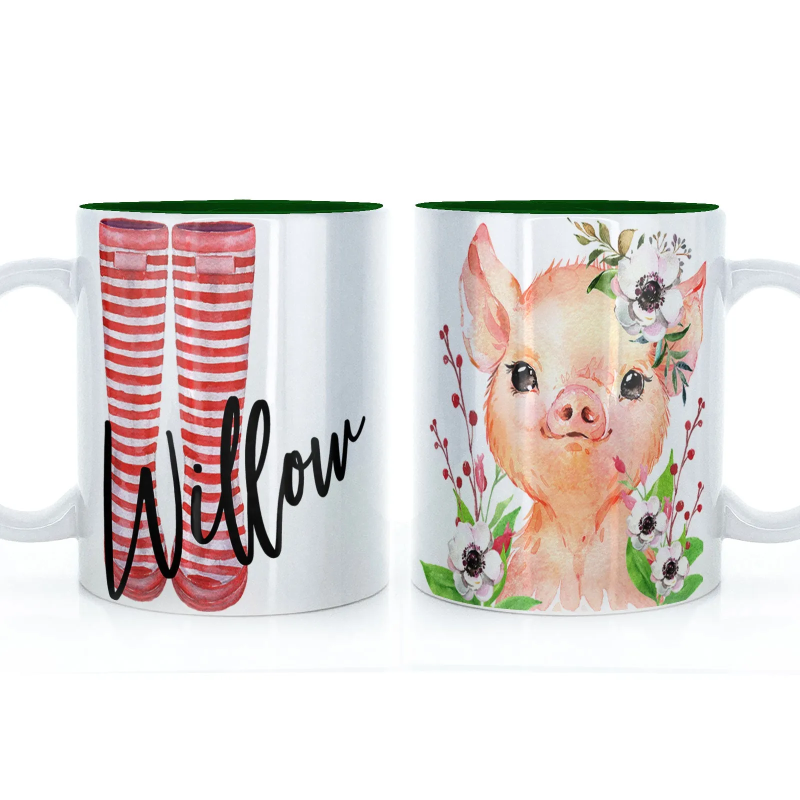 Personalised Mug with Stylish Text and White Flower Pig & Red Striped Wellies