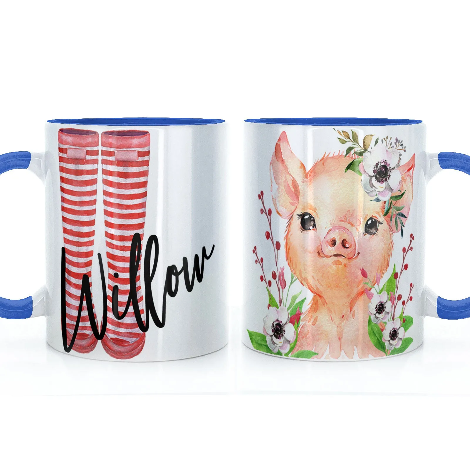 Personalised Mug with Stylish Text and White Flower Pig & Red Striped Wellies
