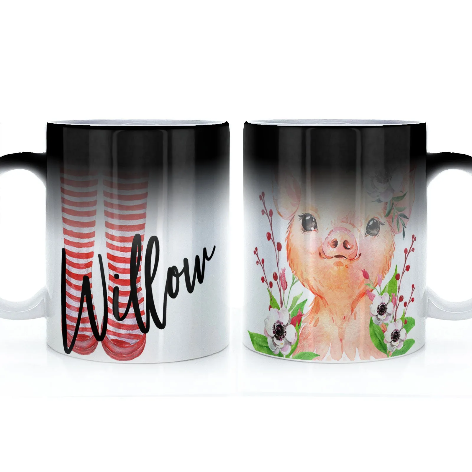 Personalised Mug with Stylish Text and White Flower Pig & Red Striped Wellies